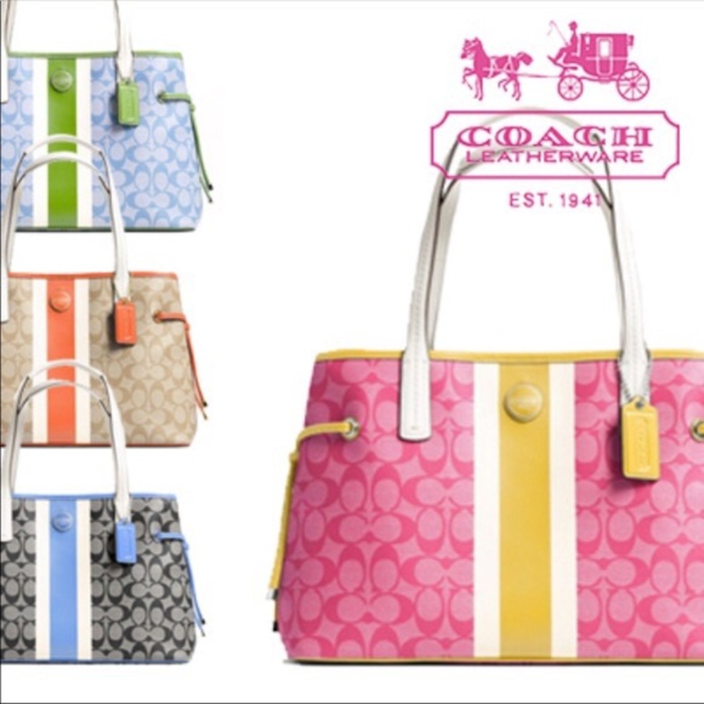 COACH SIGNATURE STRIPE PVC STRIPE CARRYALL Style F22908 Sv Light blue Green